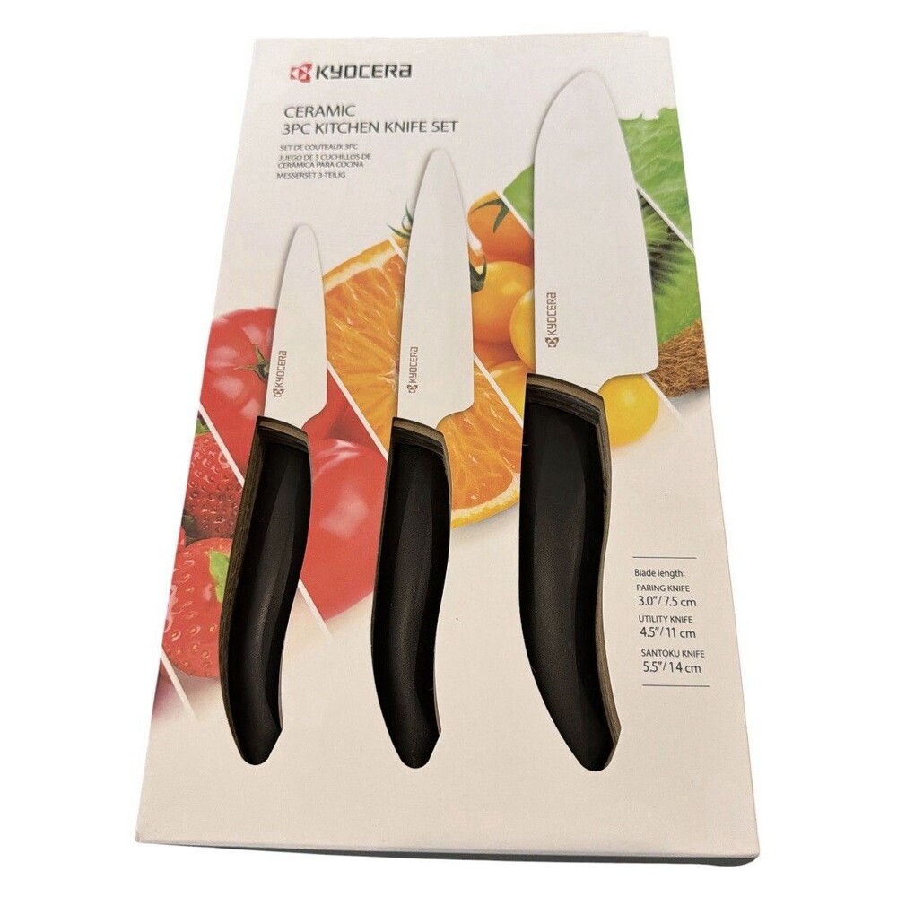 KYOCERA ULINE CERAMIC 3 PIECE KITCHEN KNIFE SET NEW IN BOX-  3”, 4.5” And 5.5”